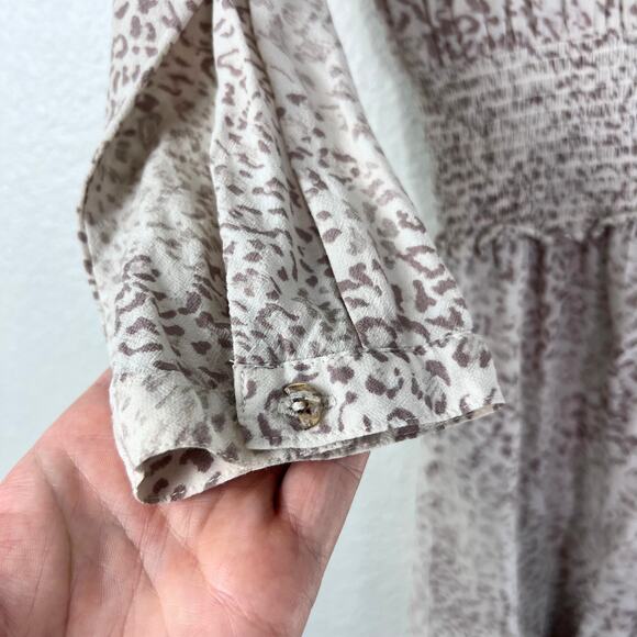 Rails Jasmine Tan Watercolor Leopard Mini Dress Womens Medium Smocked Waist Boho - Picture 7 of 10